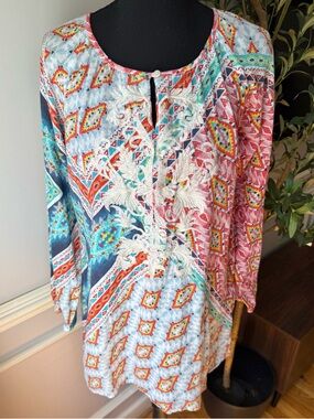 Sundance Boho Embroidered Peasant Blouse Tribal Print Tunic Top XS